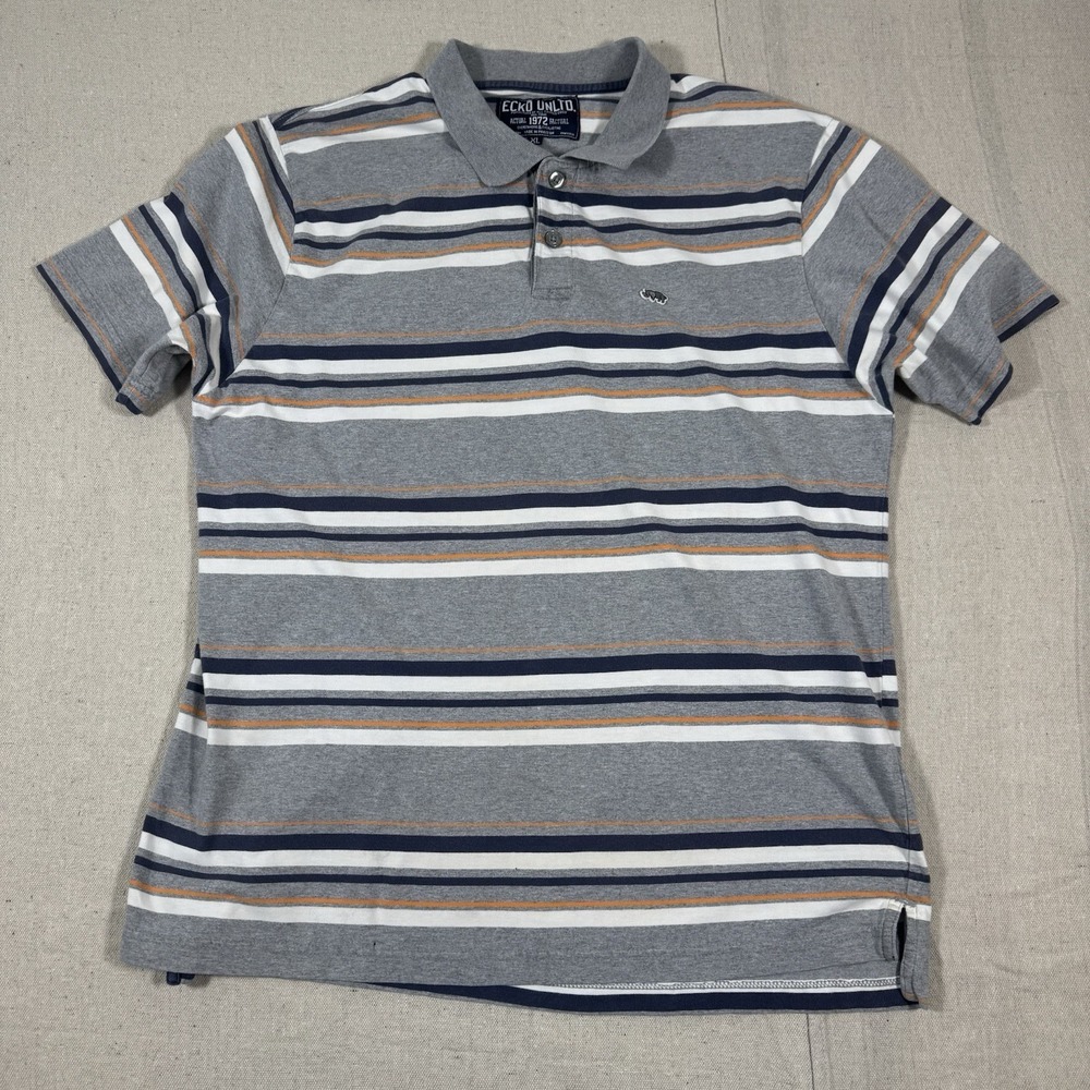 Ecko Unltd Shirt Men's XL Polo‎ Y2K Gray Striped Rhino Preppy Hip Hop Wear